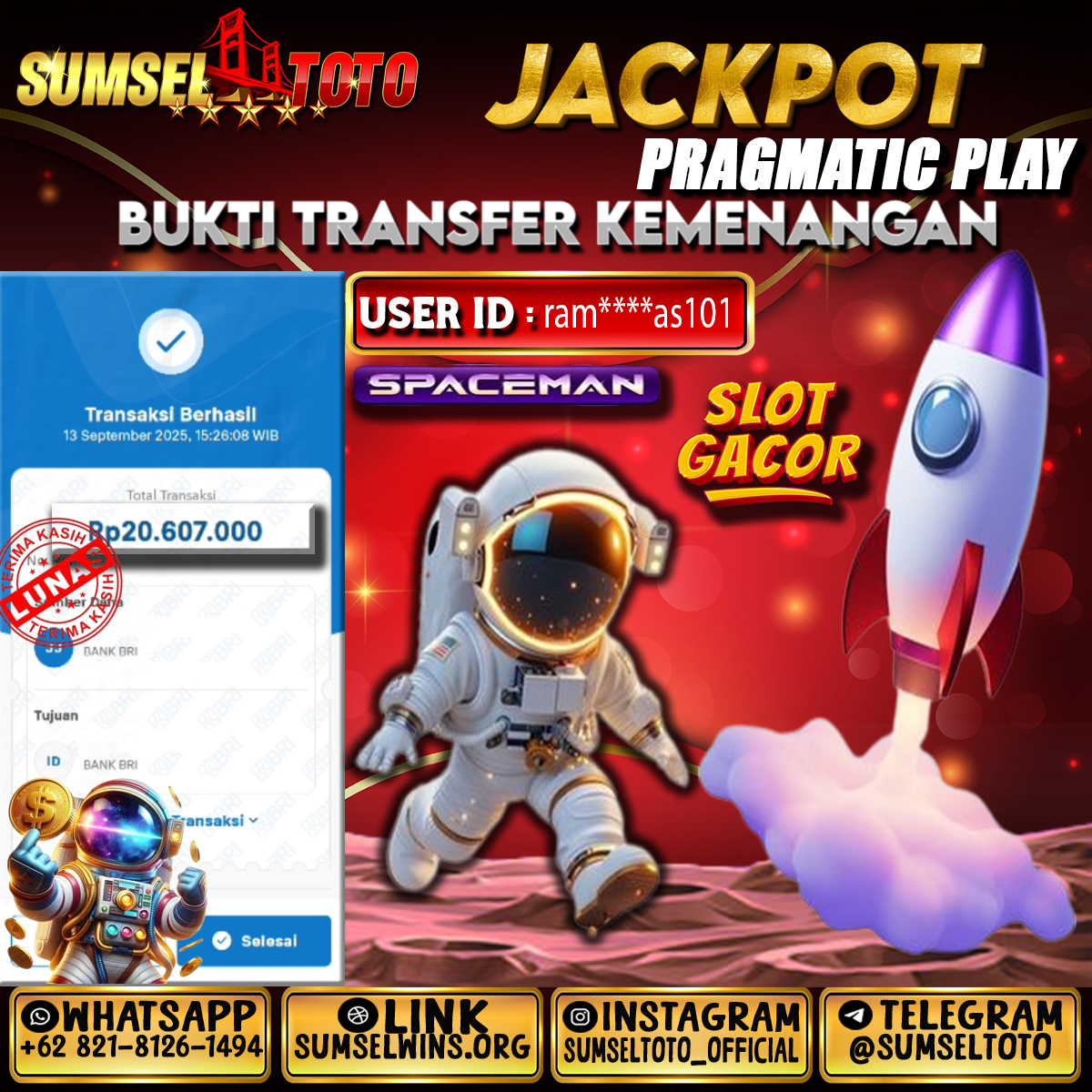 SUMSELTOTO JACKPOT SPACE MAN Rp.20,607,000.,- LUNAS